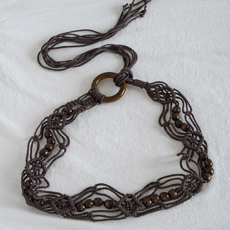 حبل شمع بإبزيم خشبي بوهيمي منسوج على الطراز العرقي مصنوع يدويًا حزام خصر نسائي من الخرز الخشبي، حبل خصر غير رسمي على طراز المنتجع