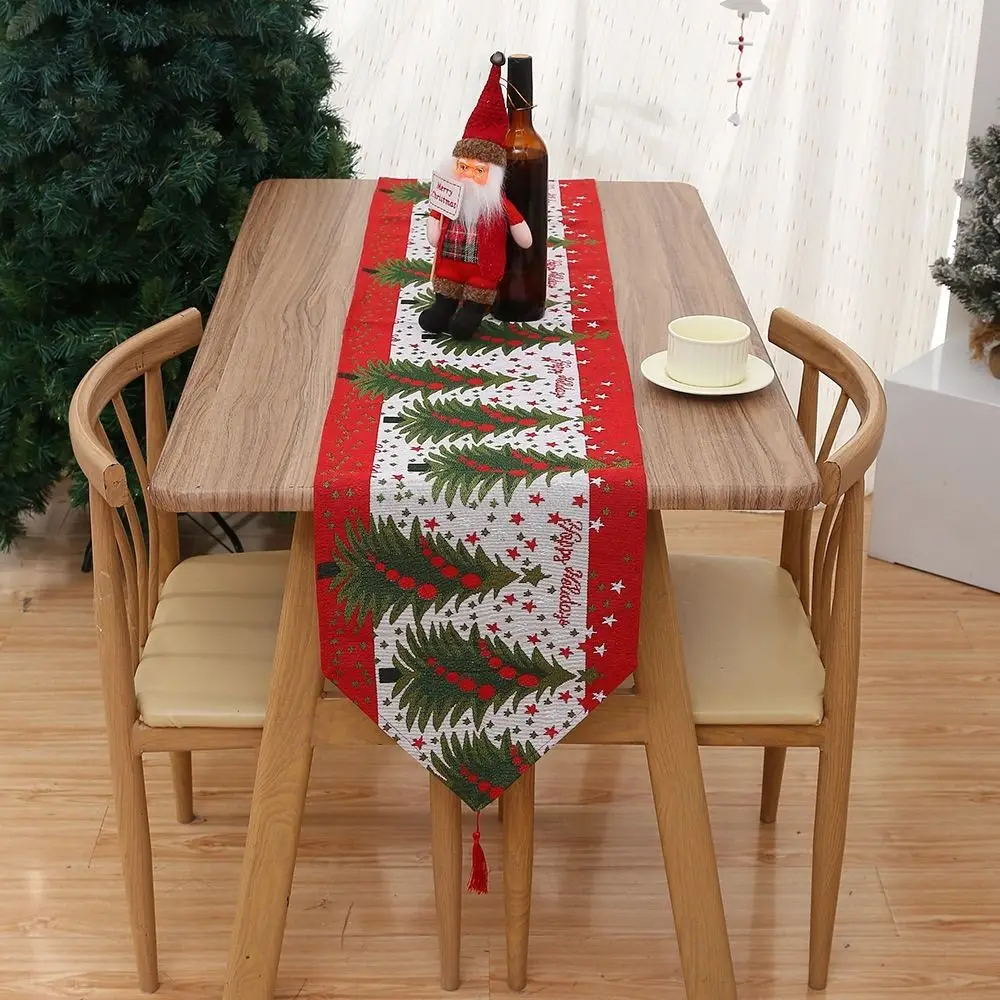 

Household Tassel Christmas Table Runner Long Snowman Printed Table Cover Knitted Cloth Table Flag Santa Claus Tablecloth Banquet