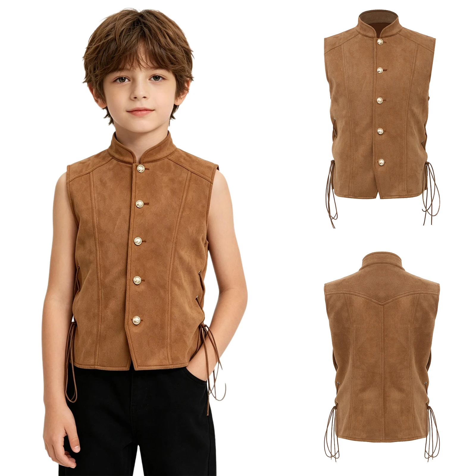 

Boys Cosplay Pirate Dress Up Vest Waistcoat Stand Collar Buttons Closure Sides Tie-up Design Renaissance Vest for Halloween