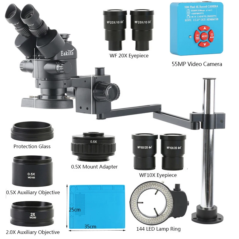 Parfocal Simul Focal 3.5X-90X 180X Trinocular Stereo Microscope 55MP 48MP 4K 2K HDMI VGA USB Digital Camera Rotate Arm Stand