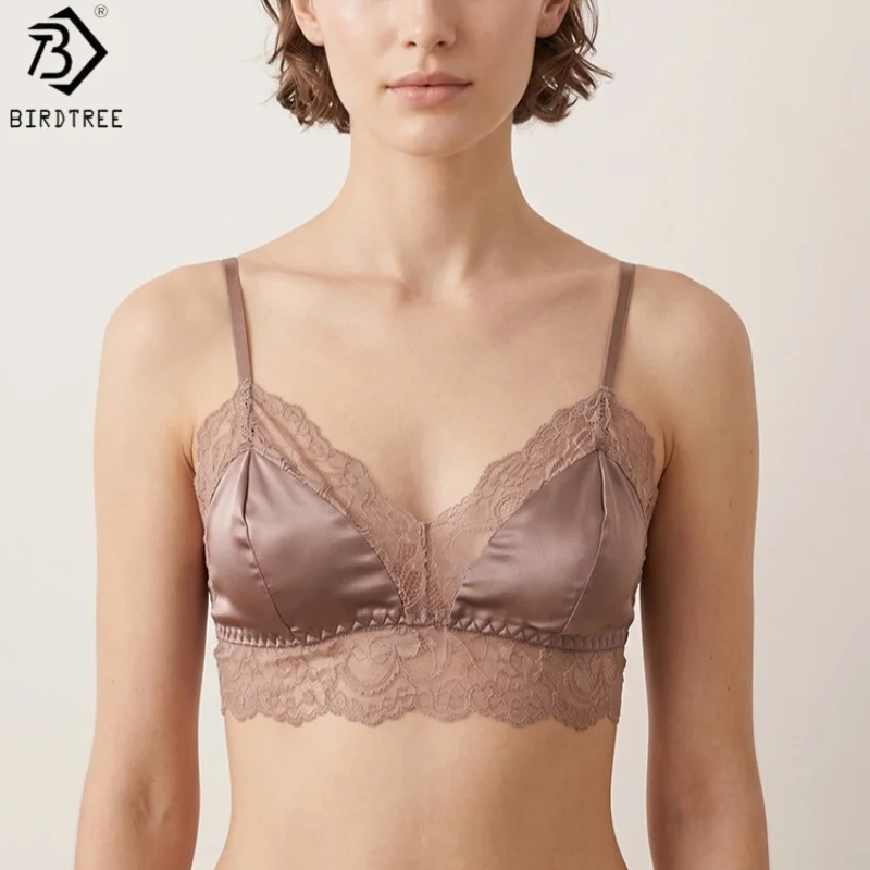 Birdtree Lining Silk Lace Bra, Women Detachable Bra Underwear, French Style, 3/4 Cup Wireless Bralette, 2026 Autumn New S6O721JF