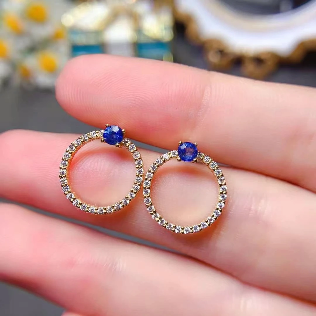 925 Silver Circle Stud Earrings with Gemstones 3mm*4mm Natural Sapphire Earrings 18K Gold Plated Sapphire Silver Jewelry