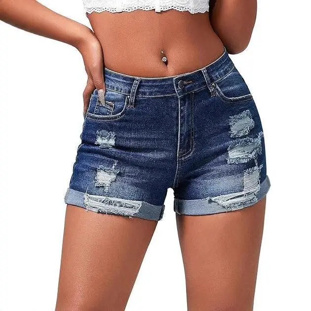 2026 Spring New Women Denim Shorts Elastic Ripped Cuffed High Waist Fashion Slim Fit Hot Street Style