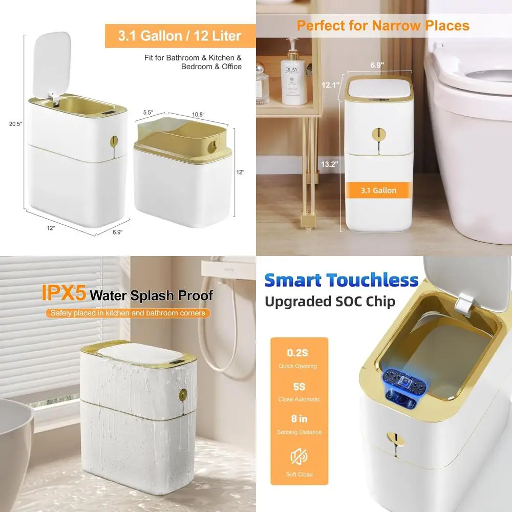 

Touchless 3.1 Gallon Smart Motion Sensor Trash Can, White & Gold, Slim Design for Home, Office, and Bathroom