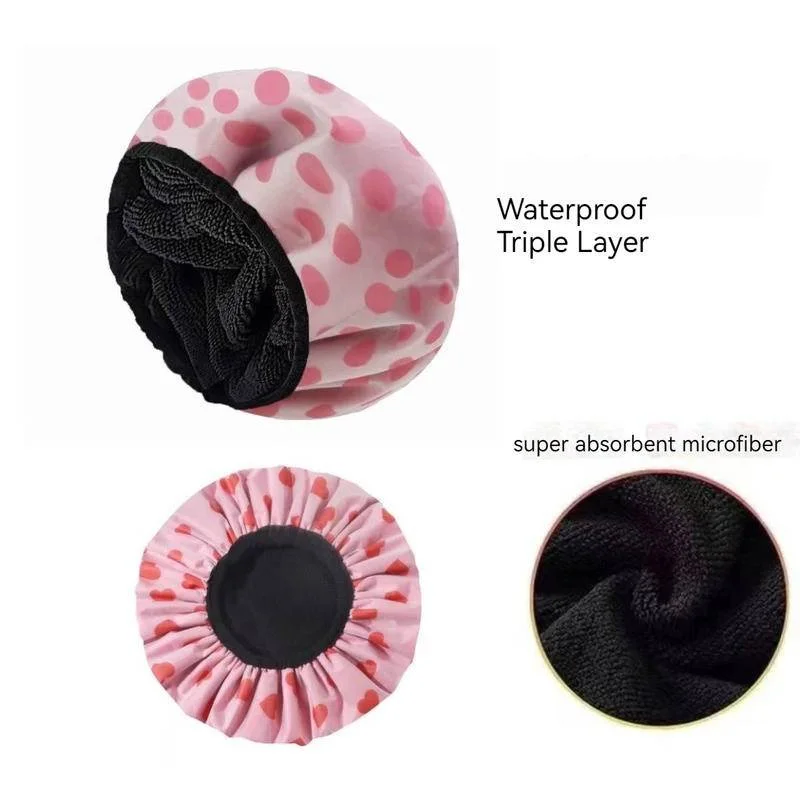 Waterproof Shower Cap Reusable Washable Triple Layer Microfiber Hair Bath Cap Long Short Hair Drying Hat