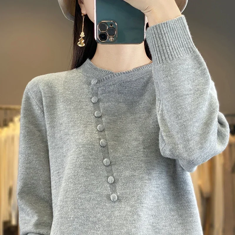 Sweaters Round Neck Loose Buttons Pullover Women Keep Warm Long Sleeves Solid Color Autumn Winter Cashmere Commuting Style Top