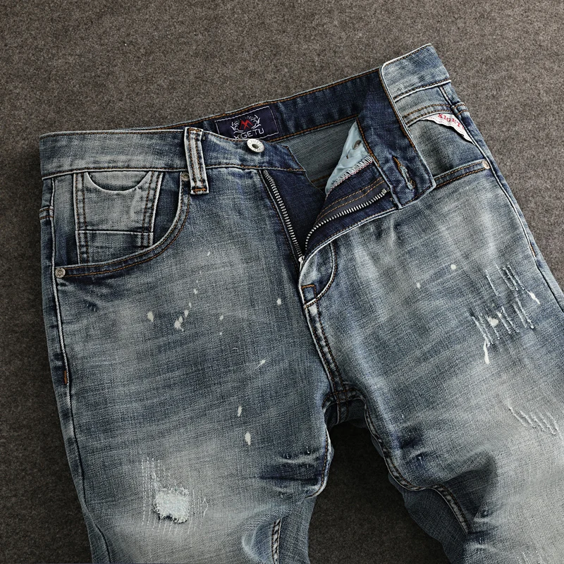 Fashion Designer Men Jeans High Quality Retro Washed Blue Stretch Slim Fit Ripped Jeans Men Painted Vintage Denim Pants Hombre