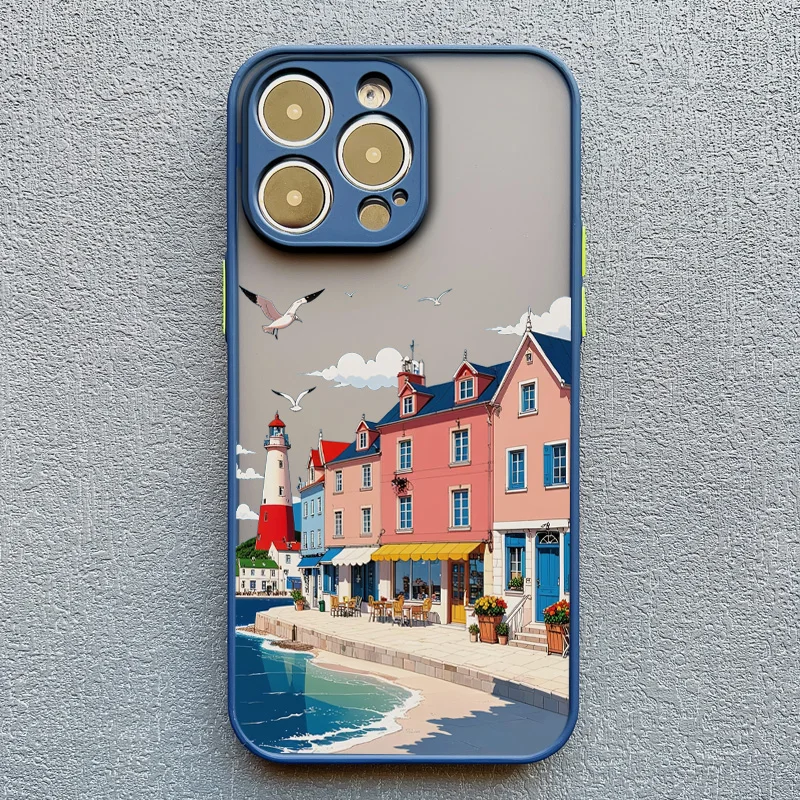 Strandlandschaft Küstenstadt Handyhülle für iPhone 17 15 16 14 Pro Max Plus 13 12 Mini 11 Pro Max XS XR X Blaue Hüllen – Detail 9
