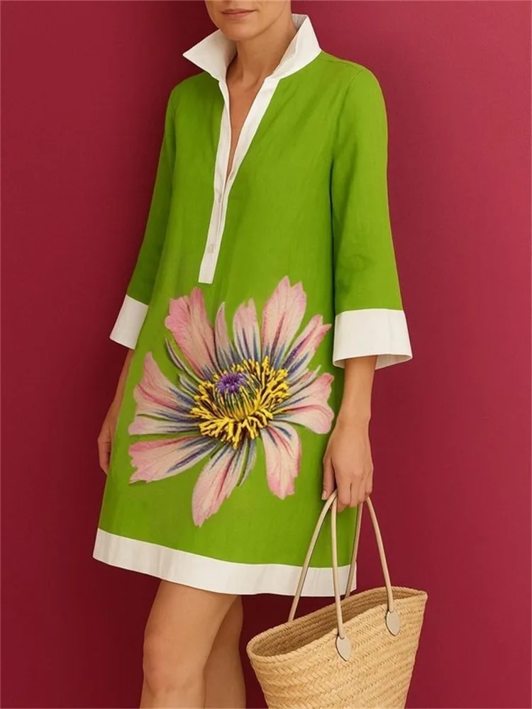 

UOOZEE Women's Vintage Elegant Flower Printed Evening Mini Dresses Loose Three-Quarter Sleeves H-line Lapel Shirts Dresses 2025