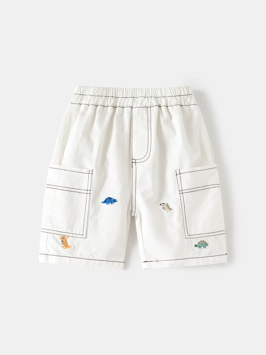 2026 New Summer 2-6Y Childrens Pants Fun Dino Embroidery Cargo Shorts for Boys with Large Pocket Contrast Topstitching