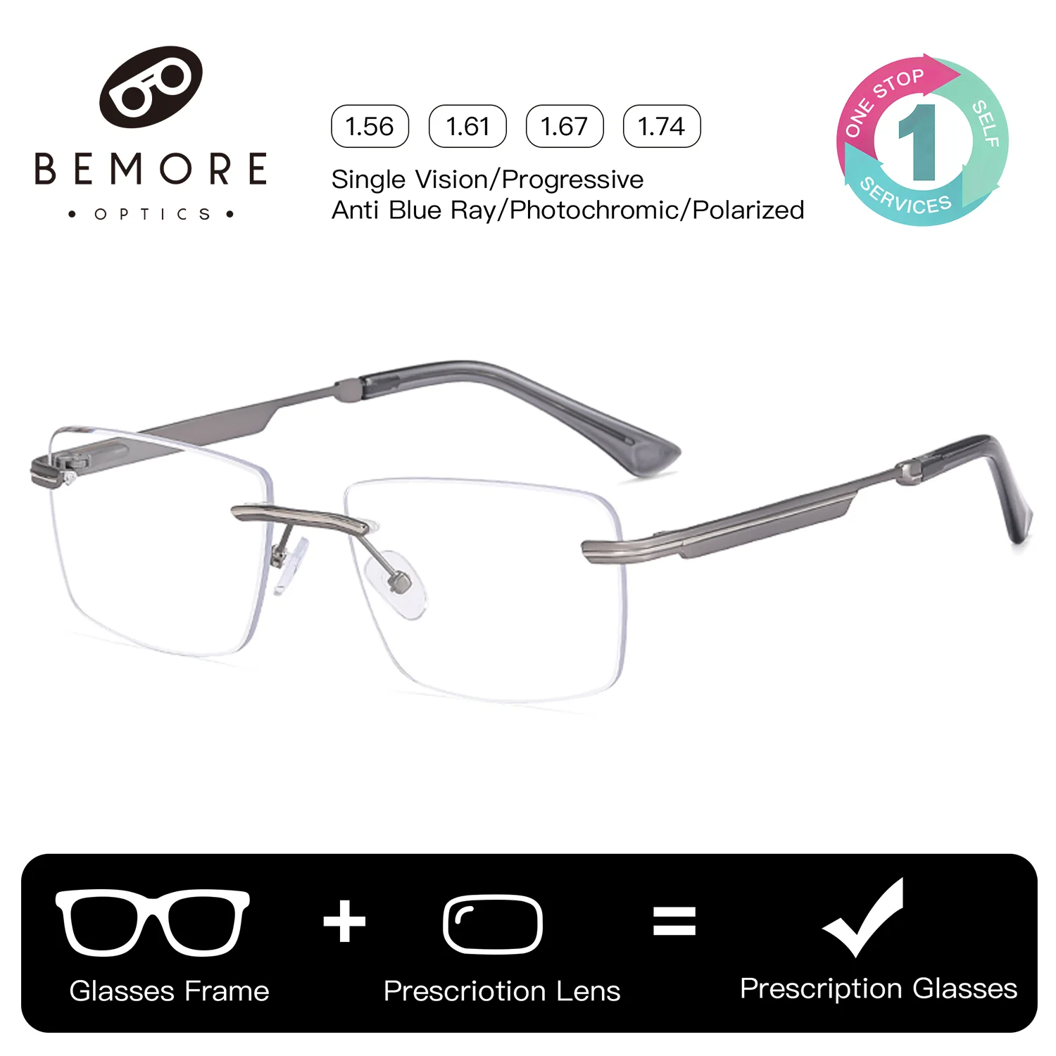 BEMORE Rimless Rectangle Prescription Glasses Man High-Quality Photochromic Anti-Blue Light Metal Optical Lenses with Recipe