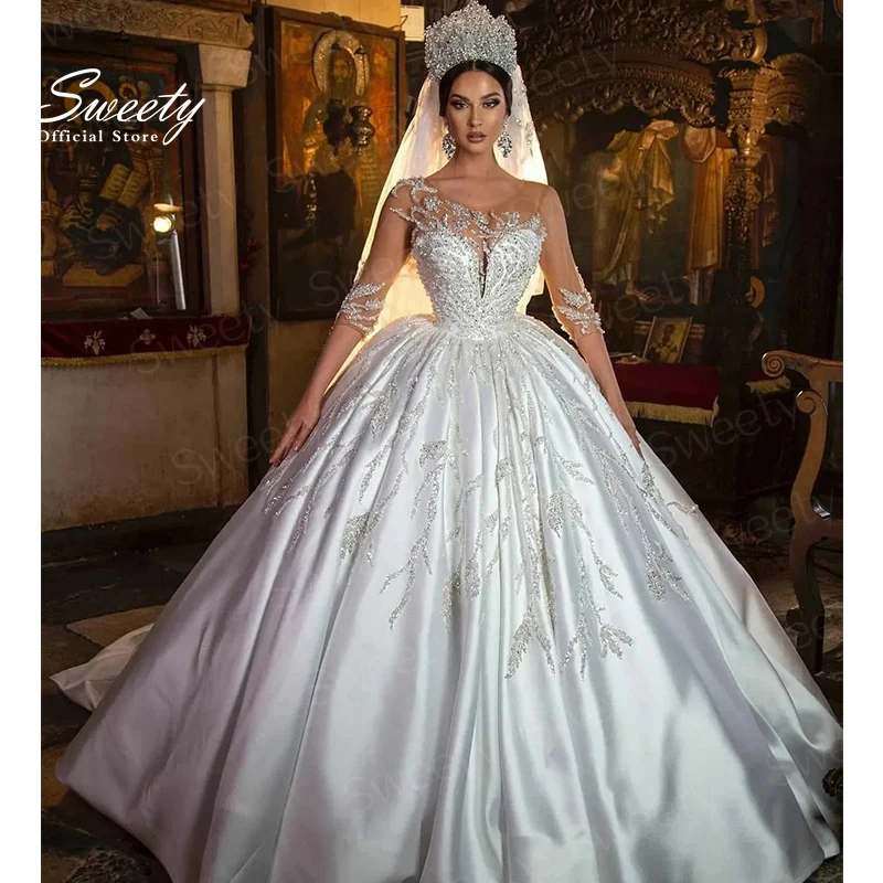 

Luxurious Wedding Dresses Embroidered Lace With Beading Princess Ball Gown Butt O-Neck Half Sleeve Bridal Dress Vestido De Novia
