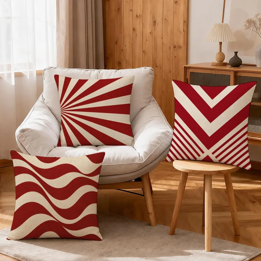 Pattern Geometric Pattern Red and White Cushion Cover Linen Anti-Mite Antibacterial Cushion Cover Invisible Zipper Sofa Decor