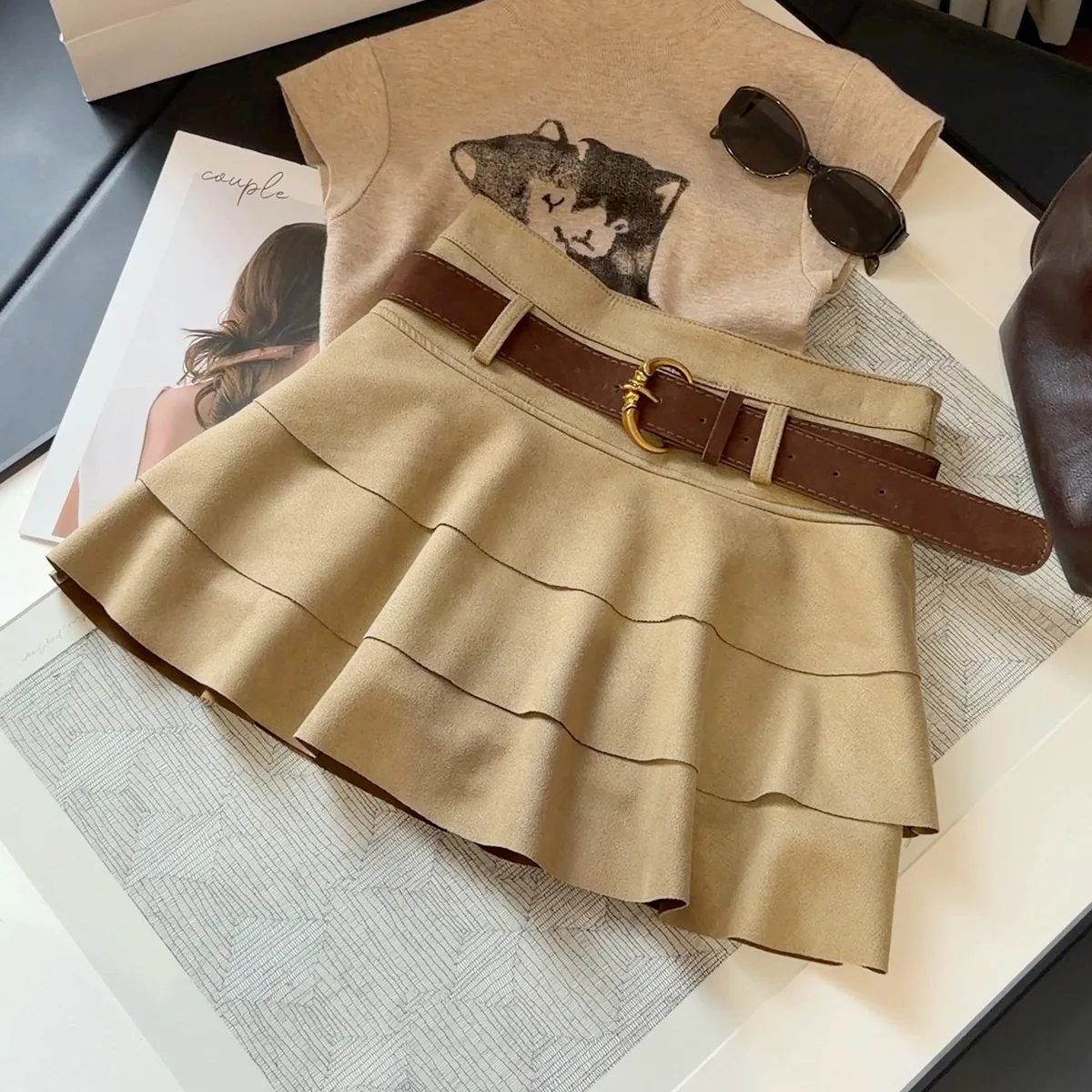 Layer Ruffle Edge Suede Cake Skirt 2026 New High Waist and Thin Spice Girl Versatile A Word Skirt