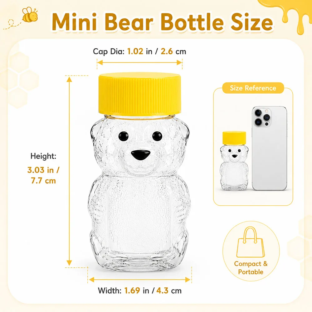 3pcs or 6pcs Mini Bear Clear Empty Dispenser Bottles, Plastic Mini Honey Jars Party Favours for Storage and Dispensing