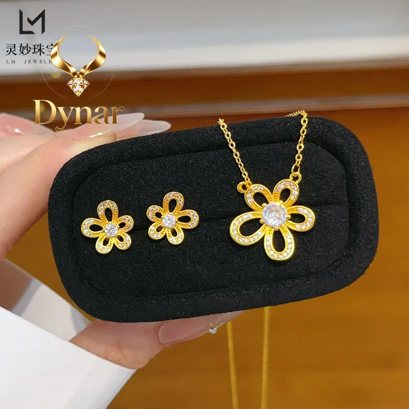 

Dynar Jewelry 9999 point diamond gesang flower necklace 24K real gold earrings hollow flower collarbone chain versatile gift f