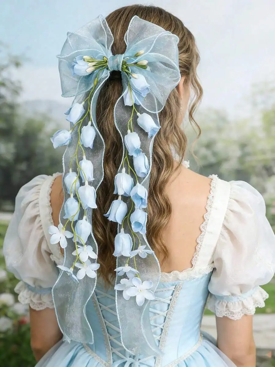 1pc Lily Of The Valley & Tulip Hair Clip, With Extra Large Chiffon Bow - Delicate And Ethereal Hair Accessory, Perfect For