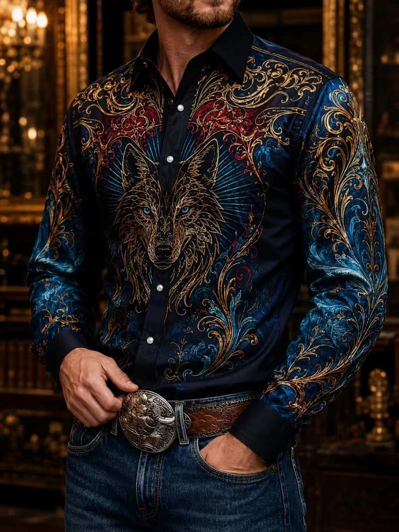 New Tibetan Blue Gilded Wolf Totem Baroque 3D Printed Shirt Western Luxury Men's Slim fit Long sleeved Shirt
