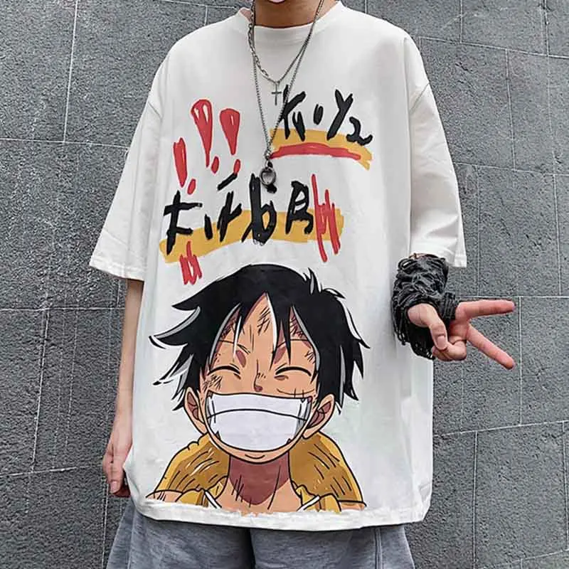 

Summer One Piece Printing Interesting Anime Luffy Pattern Street Casual T-shirt Round Neck Short Sleeve Tees