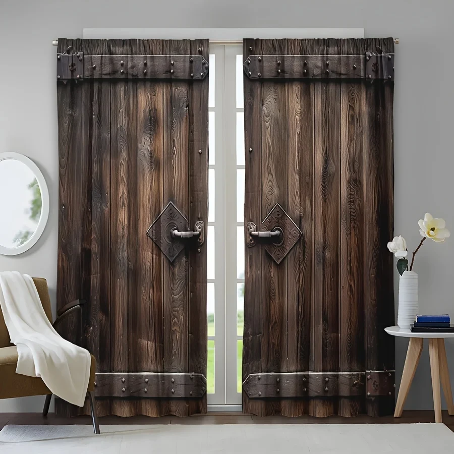 2pcs Rustic Wooden Door Pattern Curtain for Home Decoration - Perfect for Bathroom, Living Room, and Bedroom Windows