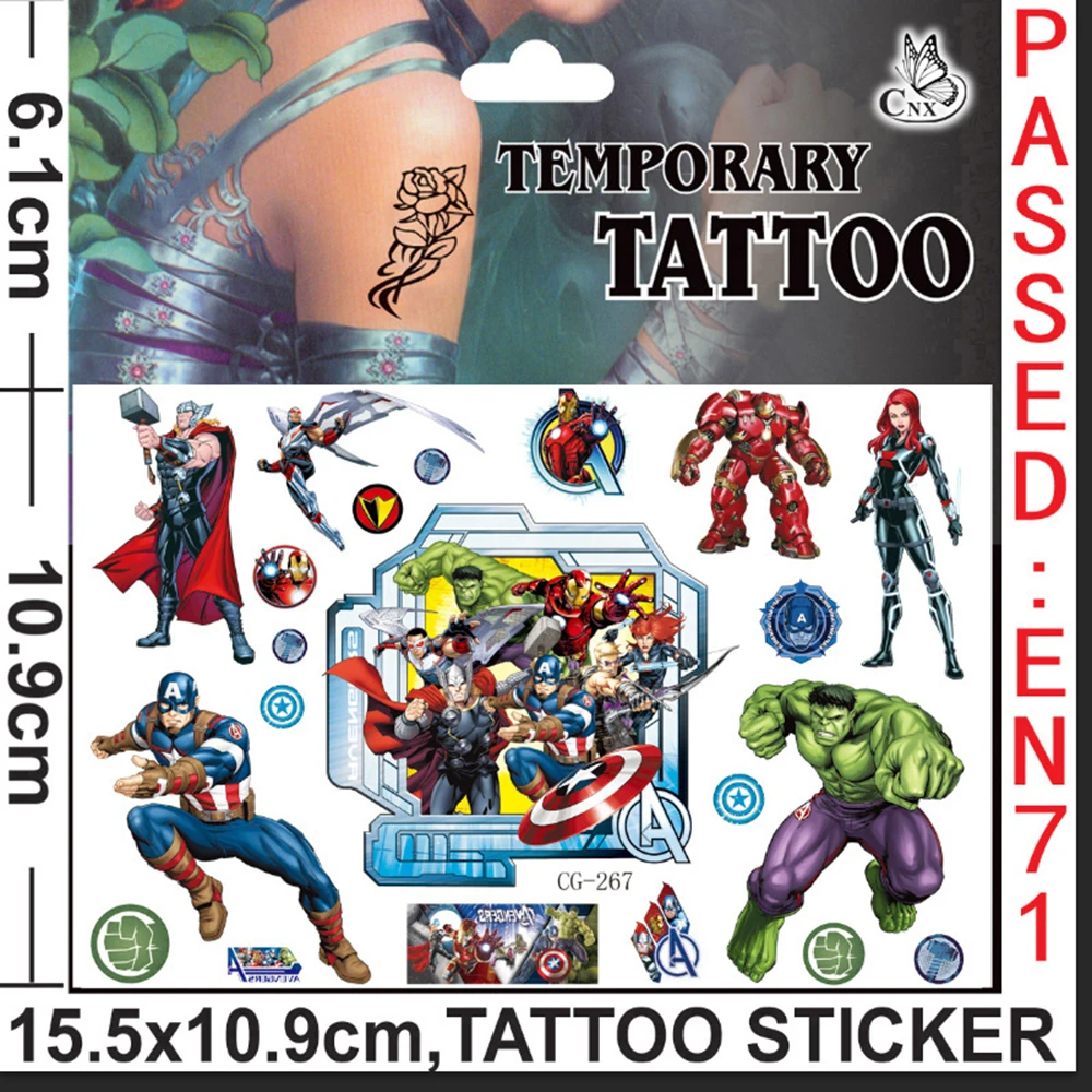 Disney The Avengers Tattoo Stickers Captain America Iron Man Hulk Children Temporary Tattoos Body Art Kids Toys Birthday Party