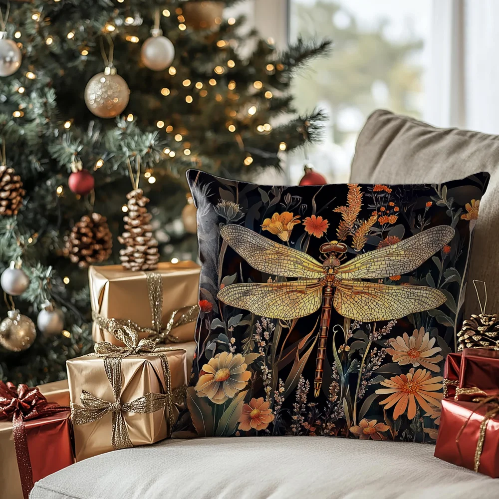 VIKAMA Vintage Golden Dragonfly & Wildflower Pillow Cover  Dark Botanical Pillowcase for Couch Bedroom Home Decor