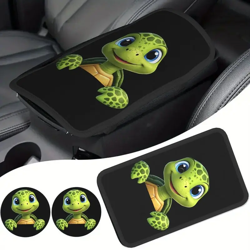 1Pc Car Armrest Cover + 2Pcs Cup Coasters Cute Cartoon Turtle Print Auto Interior Accessory
