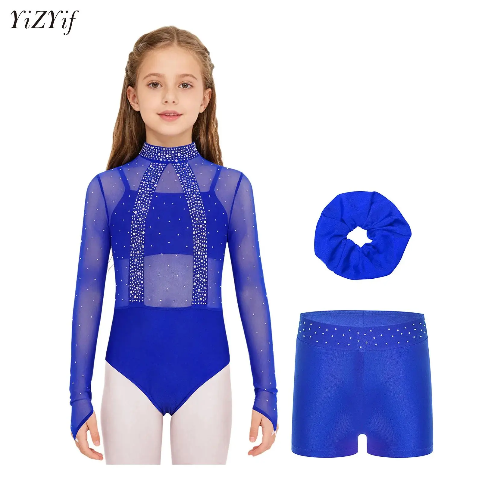 

Girls Sheer Mesh Long Sleeve Gymnastics Outfits Leotard Workout Bodysuit with Shorts Set Ballerina Dance Performance Costume