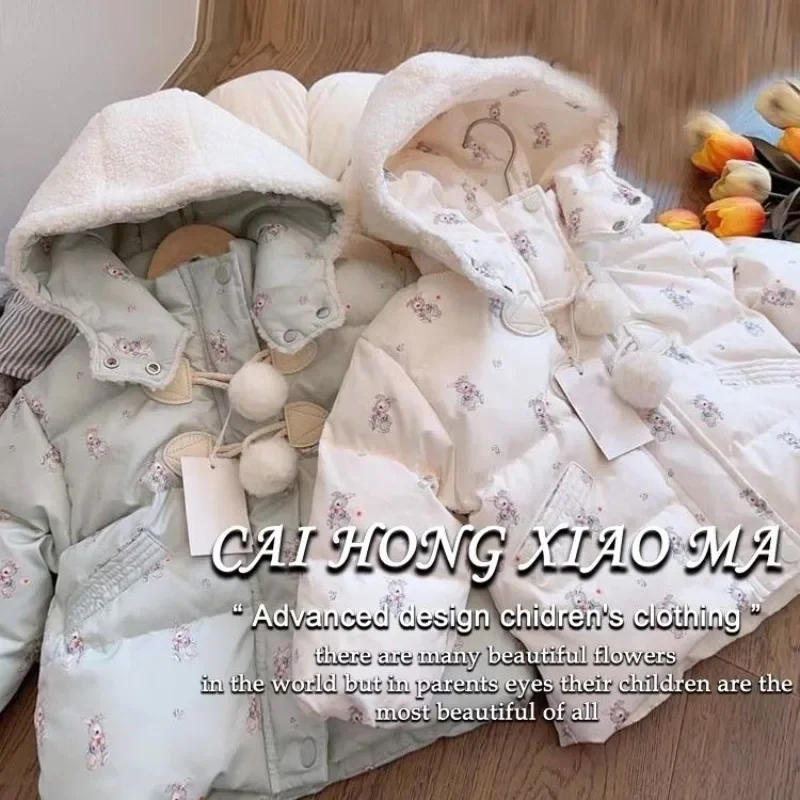 2-10Y หญิง Thicken Parkas เด็ก Plus กํามะหยี่เสื้อฤดูหนาวเด็กเบาะเสื้อแจ็คเก็ตเด็ก Hooded เสื้อผ้าทารกพิมพ์ Outerwear