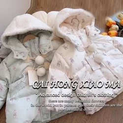 2-10Y Girls Thicken Parkas Kids Plus Velvet Coat Winter Children Padded Warm Jackets Baby Hooded Clothing Infant Print Outerwear