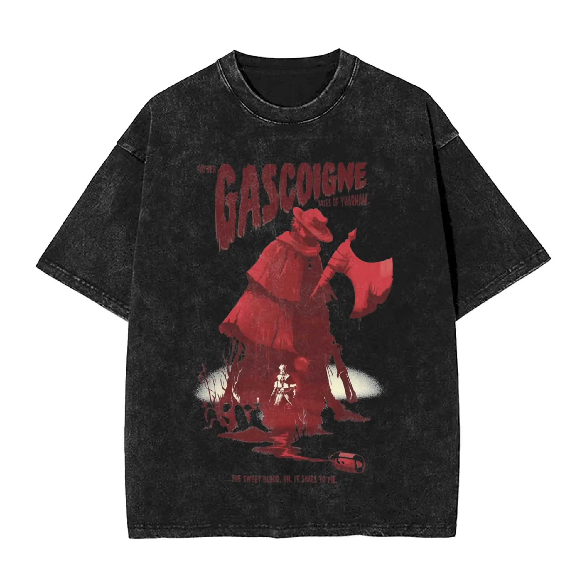 Hip Hop Washed Kurzarm Street Herren und Damen Neuartiges Muster bedrucktes Top T-Shirt Bloodborne Dark Souls T-Shirt Y2k Top