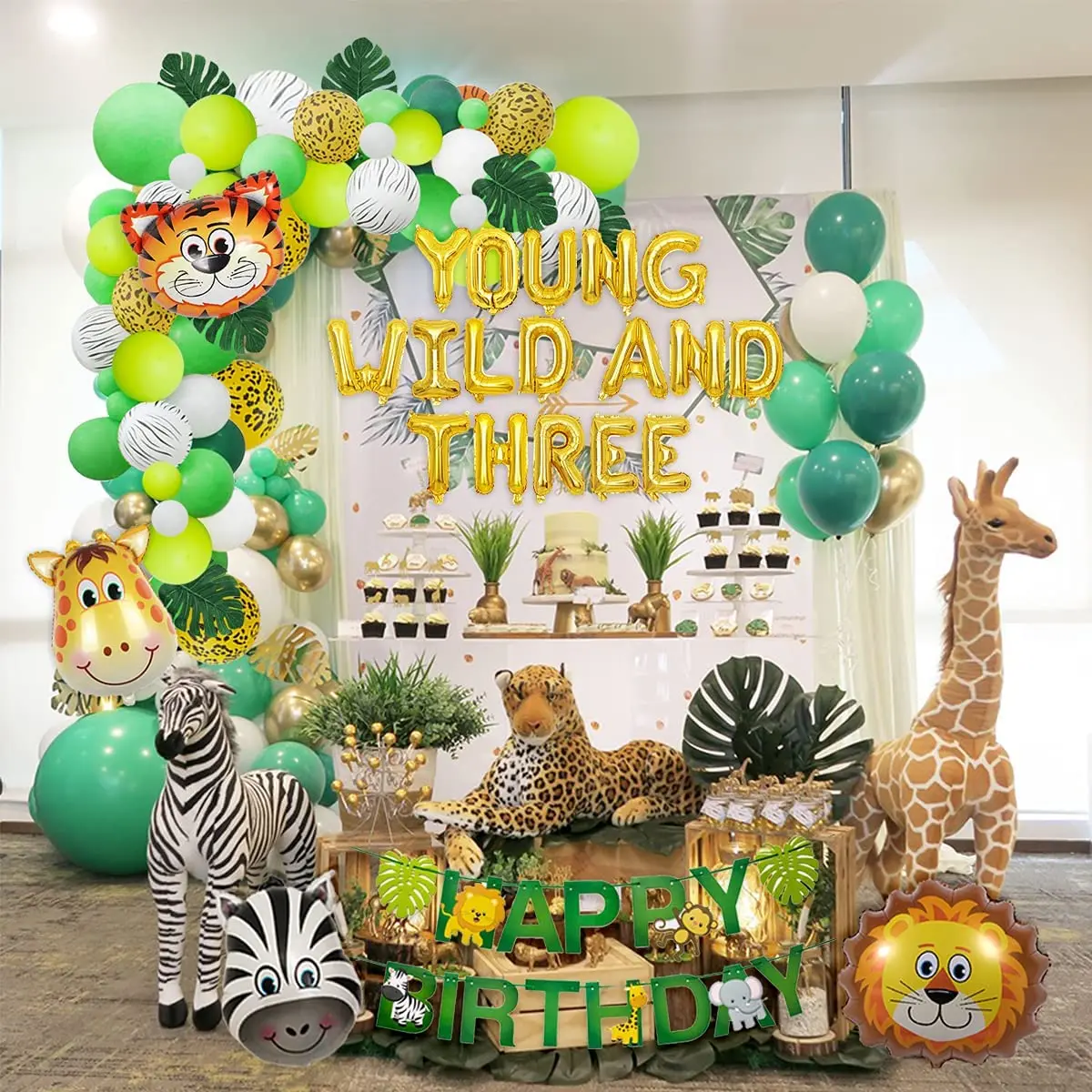 

Balloon Garland for 3rd Birthday Party, Young Wild and Three Animal Foil Balloons, Jungle Theme, Decorations for Third Bi