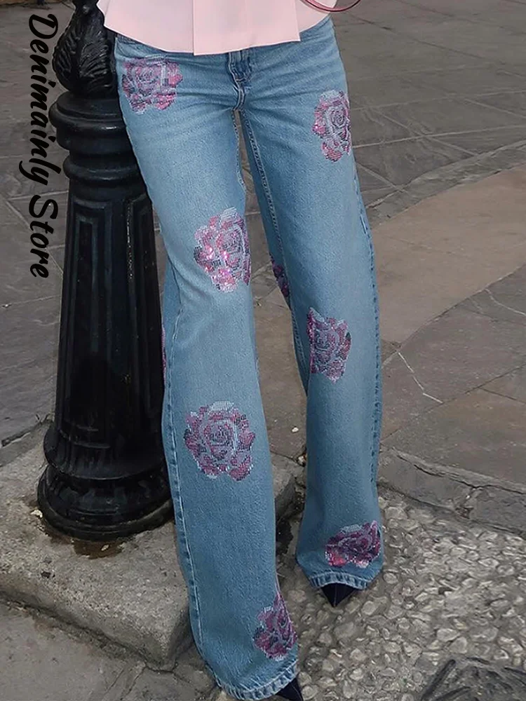 Casual Rhinestones Jeans Denim Woman Low Waist Loose Straight Trousers 2026 New Fashion High Street Lady Pants