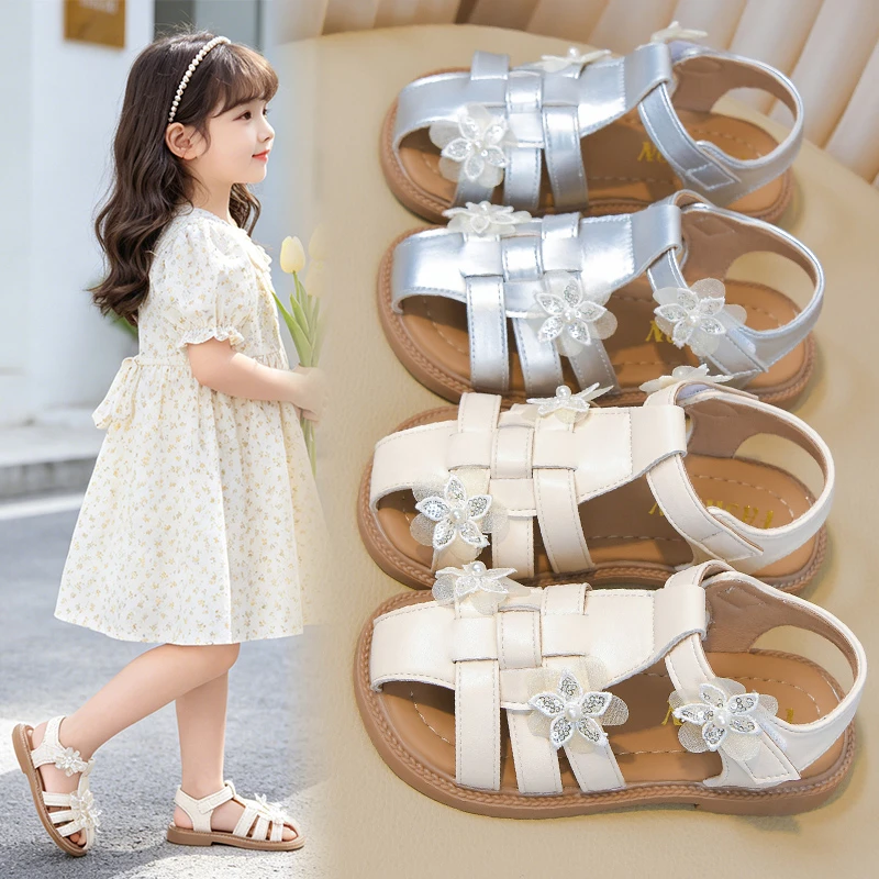 

Kids Girls Woven Sandals with Flower Decor Non-slip Sole Open-toe Style, Comfortable Lightweight Shoes for Summer Parties&Casual