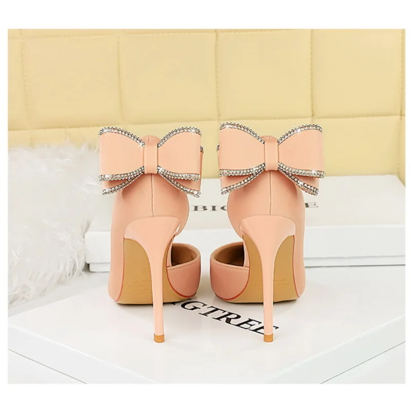 Women\'s Fashion Banquet High Heel Shoes Thin Heel High Heel Shallow Notched Pointed Side Hollow Rhinestone Back Bow Single Shoes