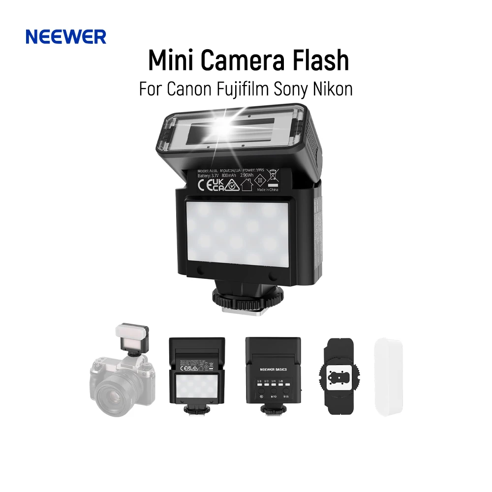 فلاش كاميرا صغير من NEEWER BASICS مع ضوء فيديو LED 2 وات وبطارية 6500 كلفن ± 300 ك/800 مللي أمبير في الساعة، متوافق مع Canon Fujifilm Sony Nikon