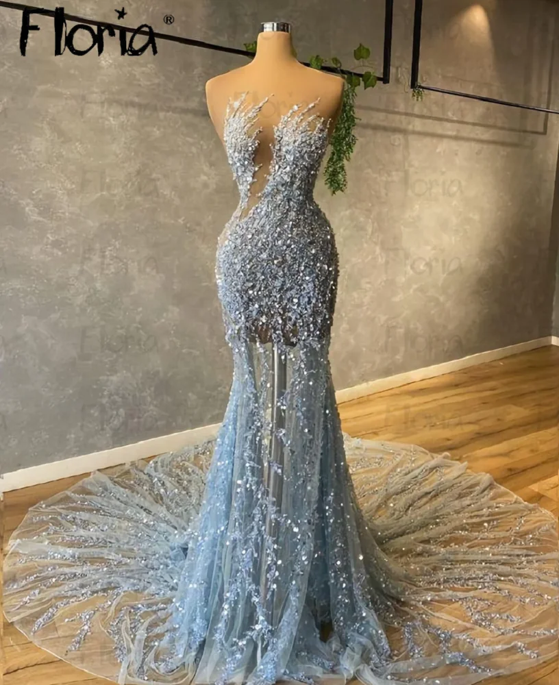 

Baby Blue Beaded Sheer Neck Evening Dress Sweep Train Sparkle Formal Prom Gowns Custom Arabic Mermaid Sleeveless Party Dresses