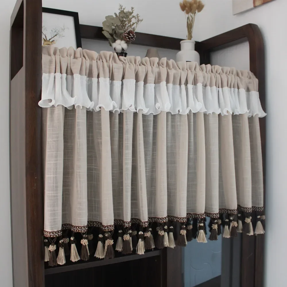 White Coffee Door Cotton Curtain Cloth Lace Pastoral Window Kitchen Store Partition Tassels Short Curtains for Living Room