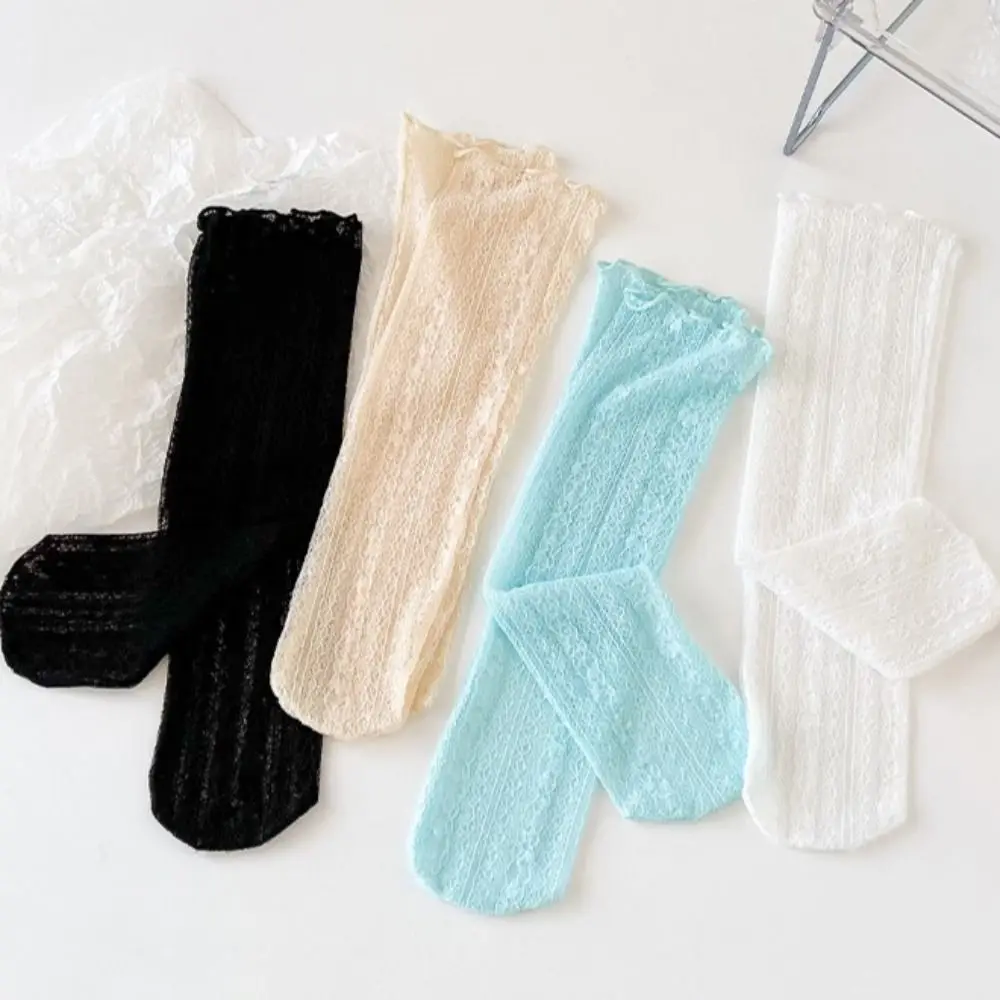 Elastic Spring and Summer Thin Transparent Wearproof Mesh Korean Lace Socks Women Translucent Socks Cotton Flower Print Hosiery