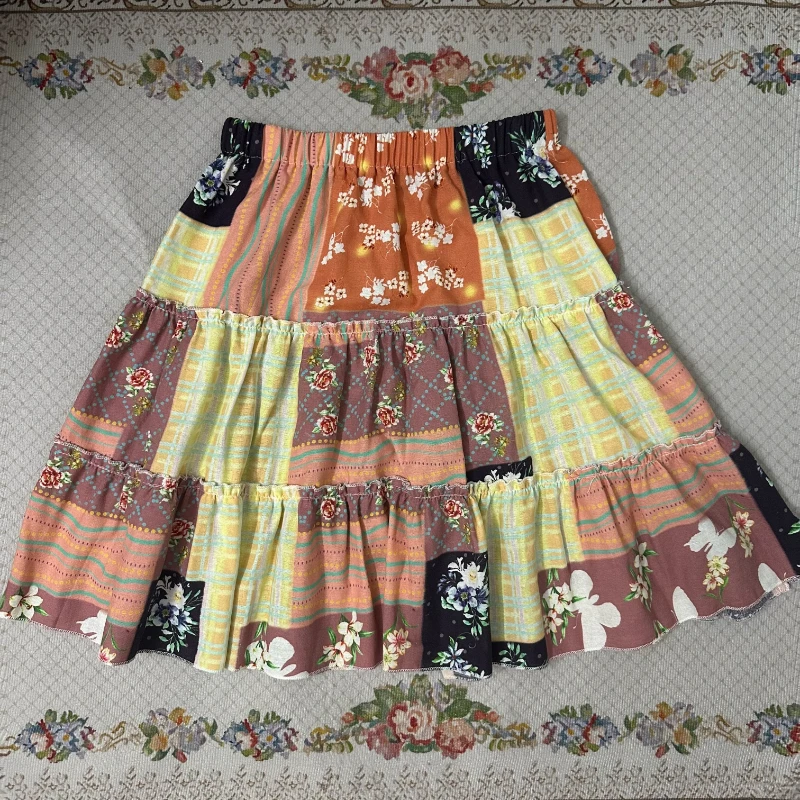 Retro Forest-style Floral Design Midi Skirts France Elegant Print Loose Fit Patchwork Skirt Aesthetic Casual Princess Clothing