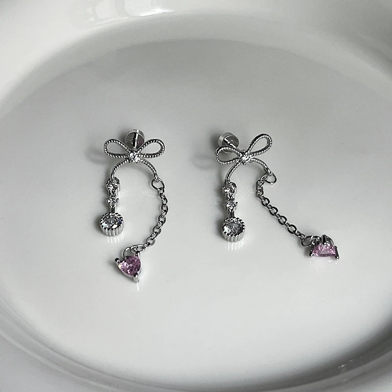 1pcs Bowknot Heart Long Pendant 316L Stainless Steel Ear Bone Nail for Women Silver Color Cochlear Nail Earring Y2K Punk Jewelry