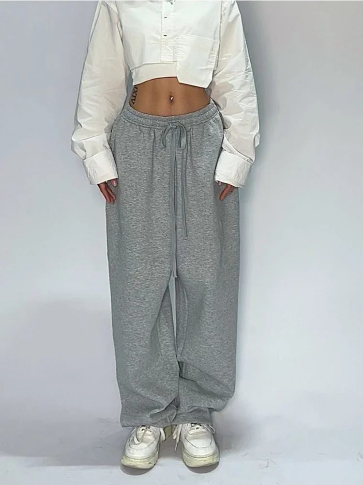 HOUZHOU Casual Gray Fleece Sweatpants Women Classic Baggy Joggers Streetwear Female Wide Leg Brushed Sport Trousers Oversized