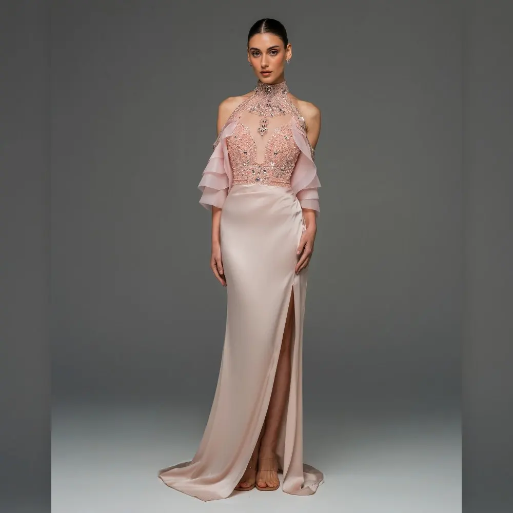

Blush Pink Satin Long Skirt with High Front Slit and Train | Fitted Bodycon Evening Gown Skirt for Prom, Wedding Guest, Formal