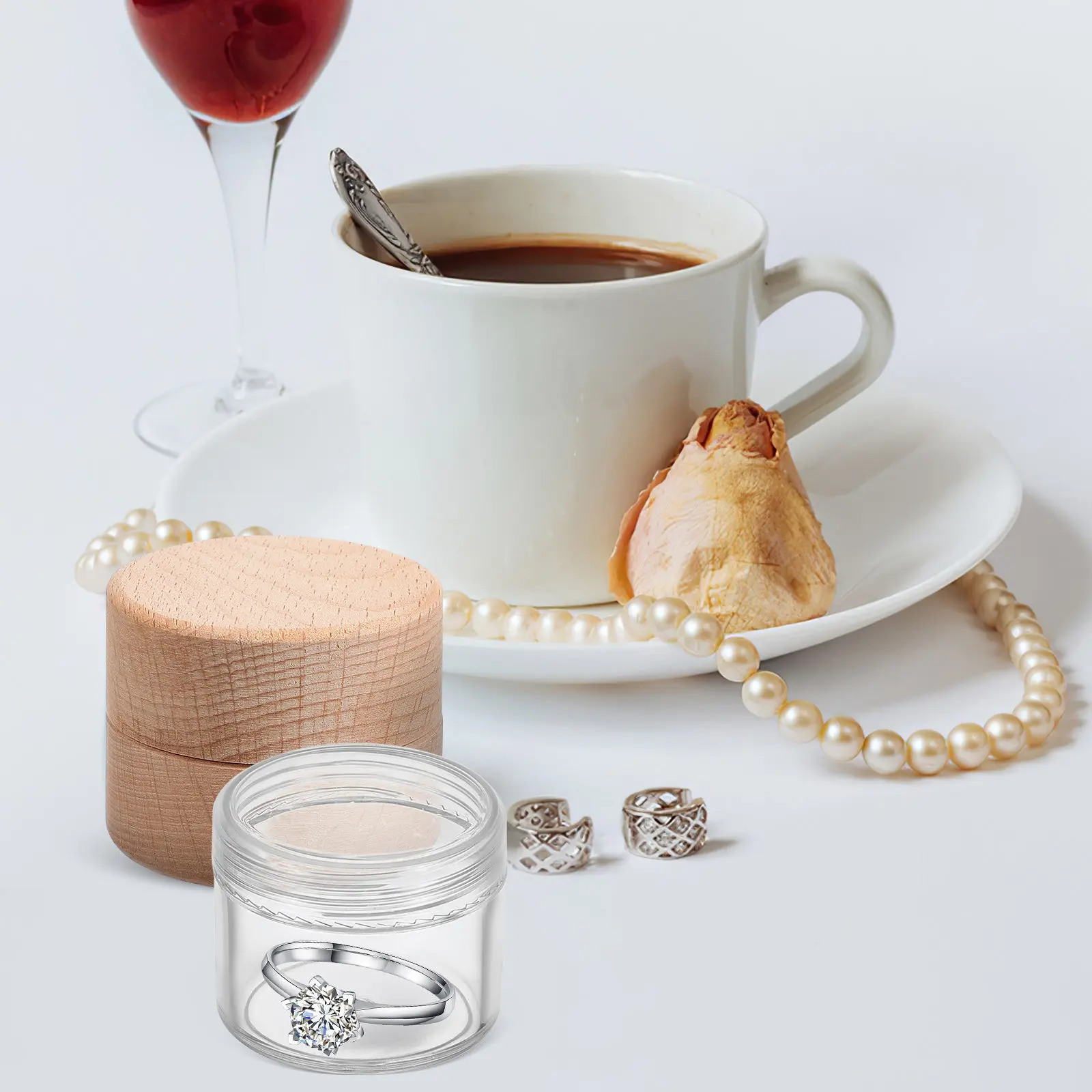 1Set Beech Wood Ring Box Round Compact Mini Jewelry Holder Clear Lid Storage Case Wedding Ring Display Earring Holder