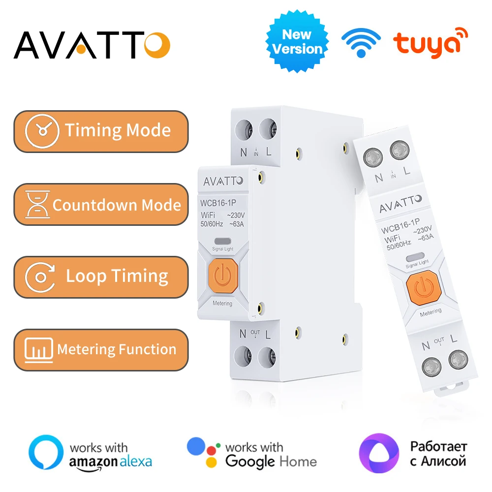 AVATTO Tuya WiFi Smart Circuit Breaker Metering 1P + N 63A Timer Power Energy kWh Voltage Current Meter Protector Control Switch