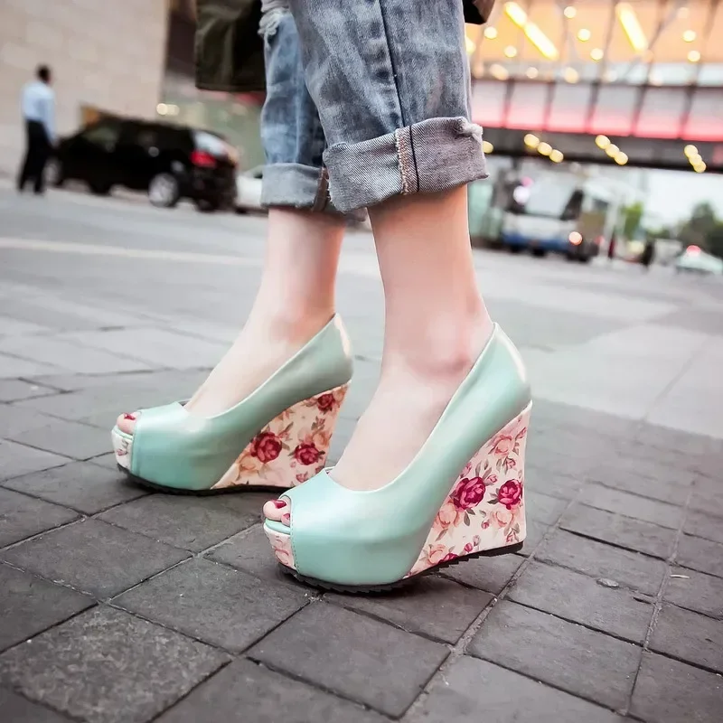 Fashion Women Sandals Peep Toe High Wedge Heels Pink Blue Flower Dress Party Office Ladies Pumps Summer Slip-on Platform Shoes