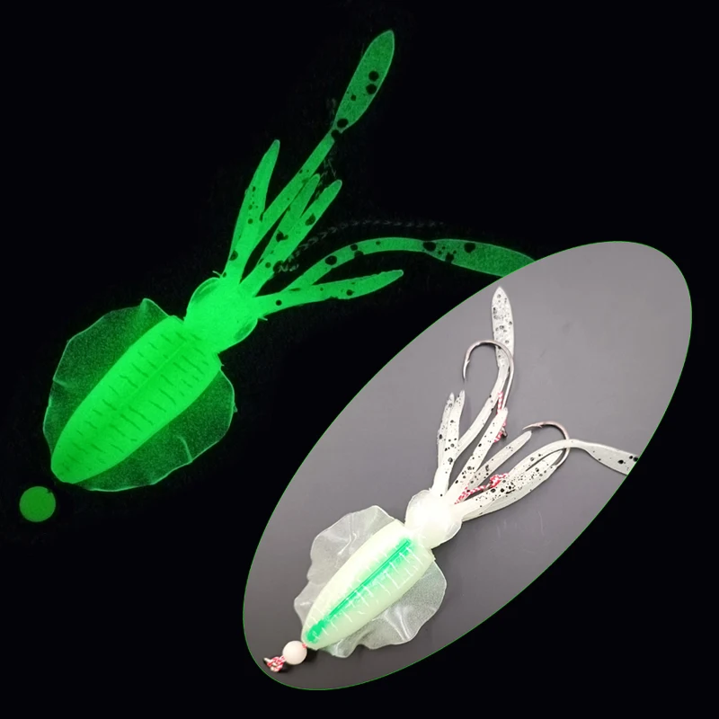 LUNKER Soft Squid Bait with hooks Glow Luminious Fishing Trolling Lure Octopus Head Deep Sea