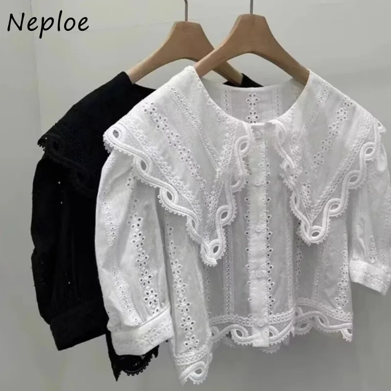 Neploe Elegant Puff Sleeve Shirts Women Y2k Cute Peter Pan Collar Ruffles Blouses Summer New Lace Hollow Out  Blusas Mujer