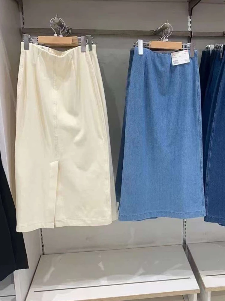 

Spring Women's Denim Knitted Slim Fit Elastic Slit Midi Skirt High Waist A-Line Long Skirts Faionable Office Commute Sle