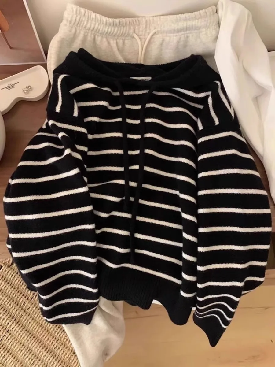 Autumn Winter Soft Cozy Striped Hoodie Knitwear Women's Inner Wear Korean Style Long Sleeve Loose Fit Commute Style Sweatshirt